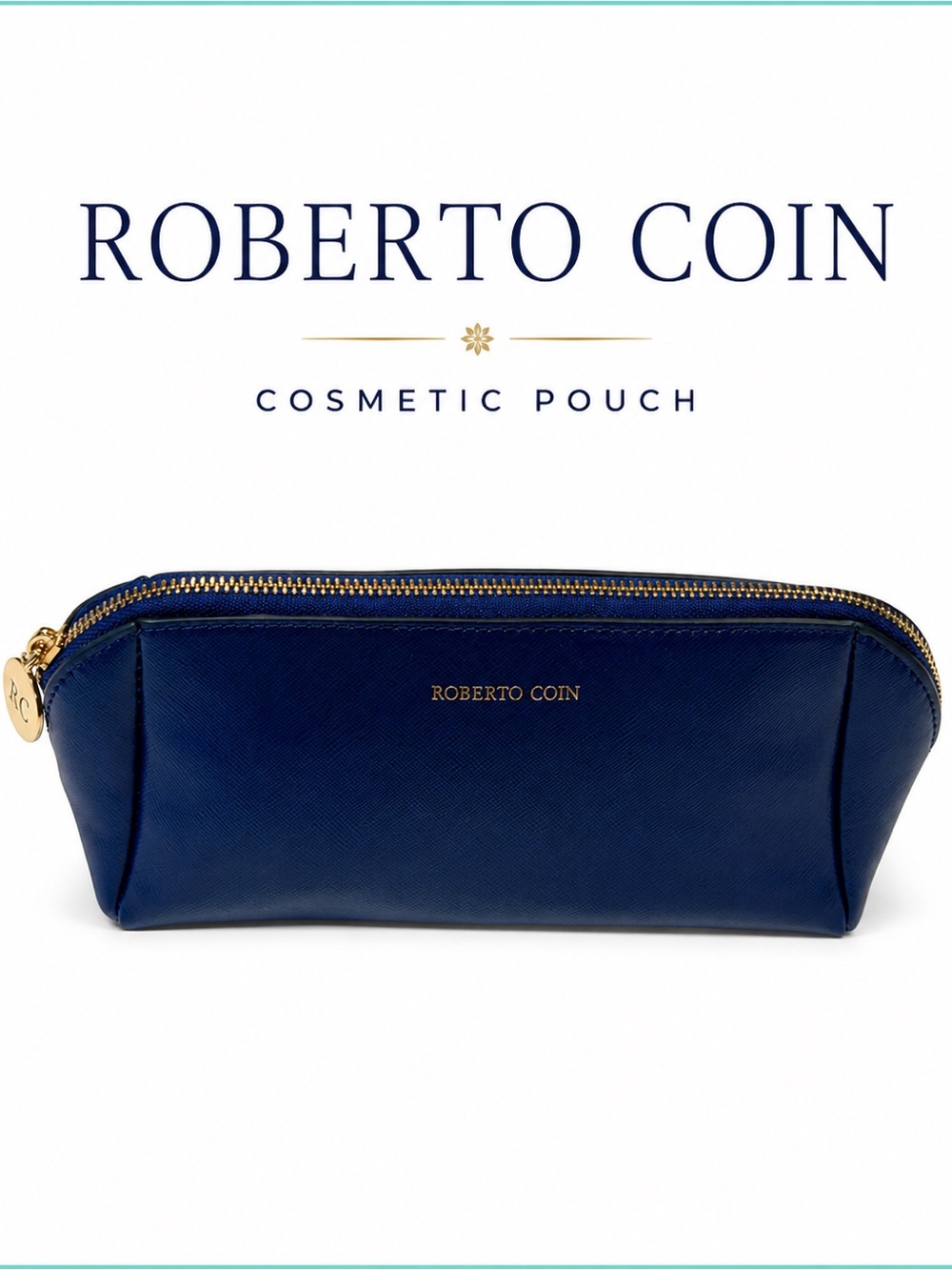 Roberto Coin Blue Saffiano Leather Cosmetic Makeup Travel Pouch Zip Case
